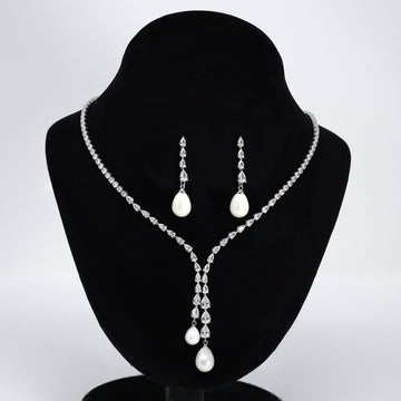 Elegant 2 Pearl Drops V Necklace Set, Dainty Bridal Jewelry Set, Gift For Her, Bridesmaid, Minimalist CZ Jewelry